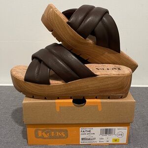 NIB KORKS chocolate brown slip on 2” platform mules crossover wedge clog slides